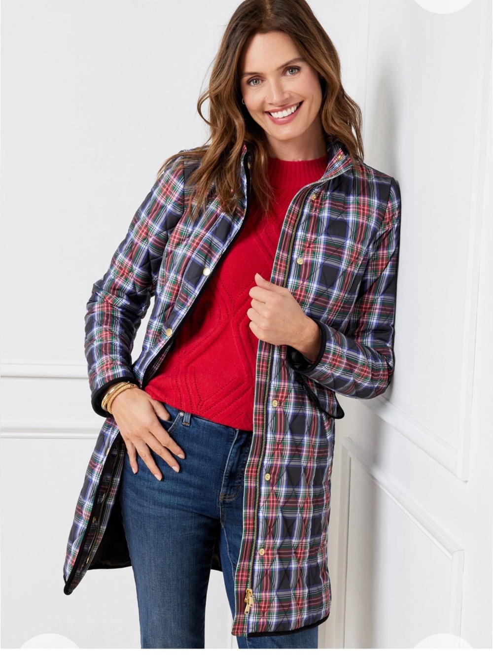 Talbots Plaid skinny Puffer Coat in Navy, green & Red Size Medium